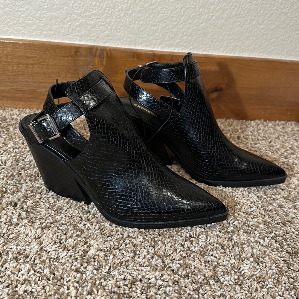 Express Black Snake Skin Heeled Booties
